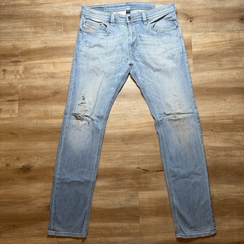 Diesel Thavar Jeans Men 33x32 Blue Slim Skinny Stretch Light Dirty Wash Distress